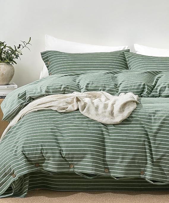 JELLYMONI 100% Washed Cotton Forest Green Striped Duvet Cover Set Twin
