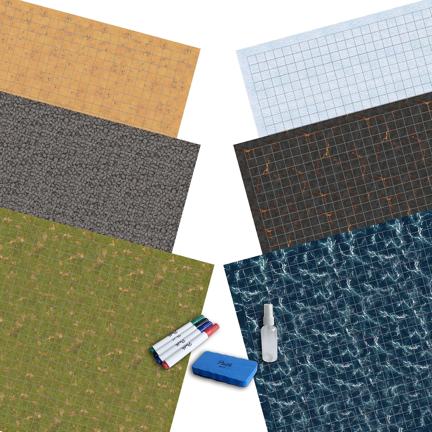 Path Gaming Double Sided Battle Grid Game Mat 36 X 24 Inches - 3 Mats, 6 Terrains, 4 Markers, 1 Eraser, and 1 Spray Bottle. Great for Dungeons and DragonsDND