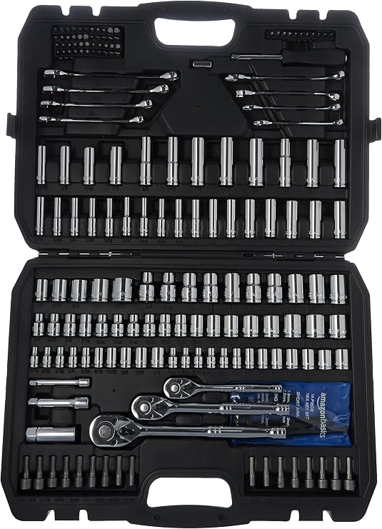 Amazon Basics 201-Piece Mechanic's Socket Tool Set With Case, SAE and Metric Sizes, Chrome-Vanadium Steel, Portable