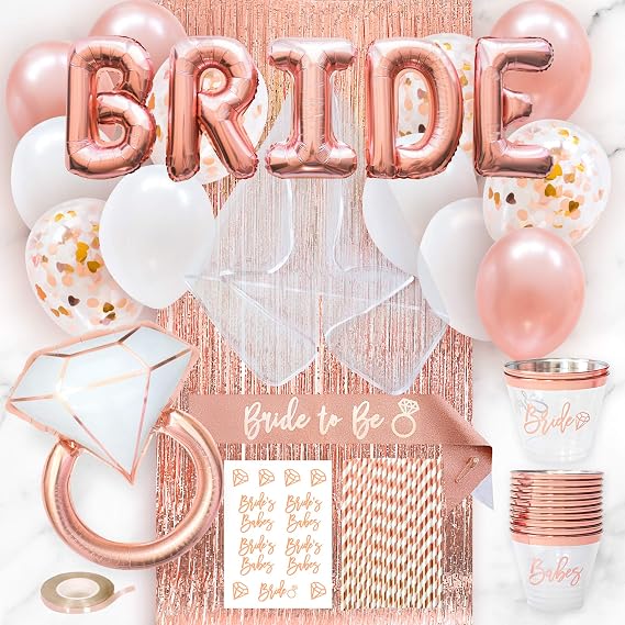 Mini Bachelorette Party Decorations Kit, Rose Gold Bridal Shower Decorations Kit, Bride to Be Sash, Veil, Confetti Balloons, Bachelorette Party Accessories, Bride to Be Decorations