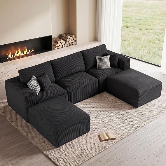111" Modular Sectional Sofa, U Shaped Cloud Boneless Couch Black