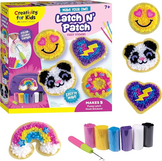 Creativity for Kids Make Your Own Latch N' Patch Fuzzy Stickers Kit | Assemble, Trim & Decorate 5 DIY Yarn Patches | Mess-Free Latch Hook Craft | Sleepover & Screen-Free Kids Activity (Ages 7+)