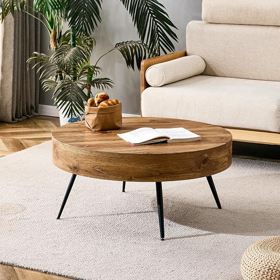 Round Coffee Table Rustic Wooden Grain and Black Metal Modern Coffee Table,31 Inch Industrial Style Round Wood Grain Top Coffee Table for Living Room Office Wood Center Table Tea Table