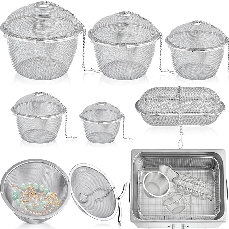 6 Pcs Ultrasonic Cleaner Baskets, Stainless Steel Jewelry Cleaning Basket with Lock and Hook, Mesh Steam Cleaner Basket for Small Parts,Watch Parts(6 Sizes)