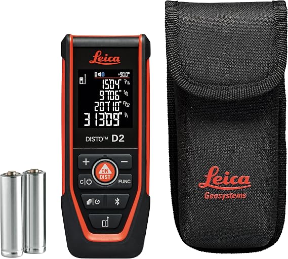 Leica Disto D2R - Range 490ft Red Beam, Bluetooth, NFC Data Transfer, Smart Horizontal, Add/Subtract, Volume, 30 Measurement Memory, 4-line Display, Intelligent end-piece, Hand Loop, Pouch.