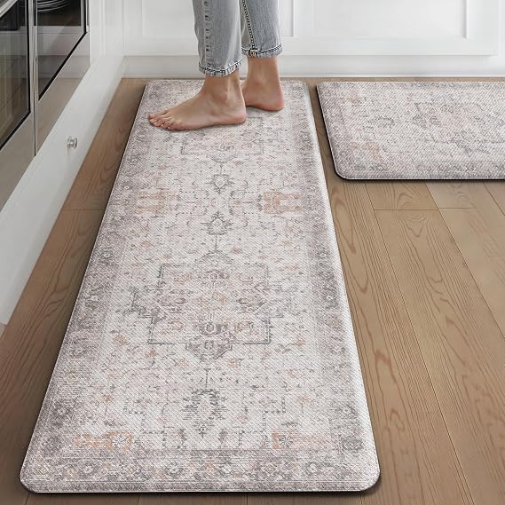 sarben 2 Piece Kitchen Mat Anti Fatigue Standing Mat 43x150cm+43x76cm – Non Slip Rug Kitchen Floor Mat Boho Runner Rug Soft PVC Leather Cushioned Mat Waterproof, Oil-Resistant, Light Taupe Brown