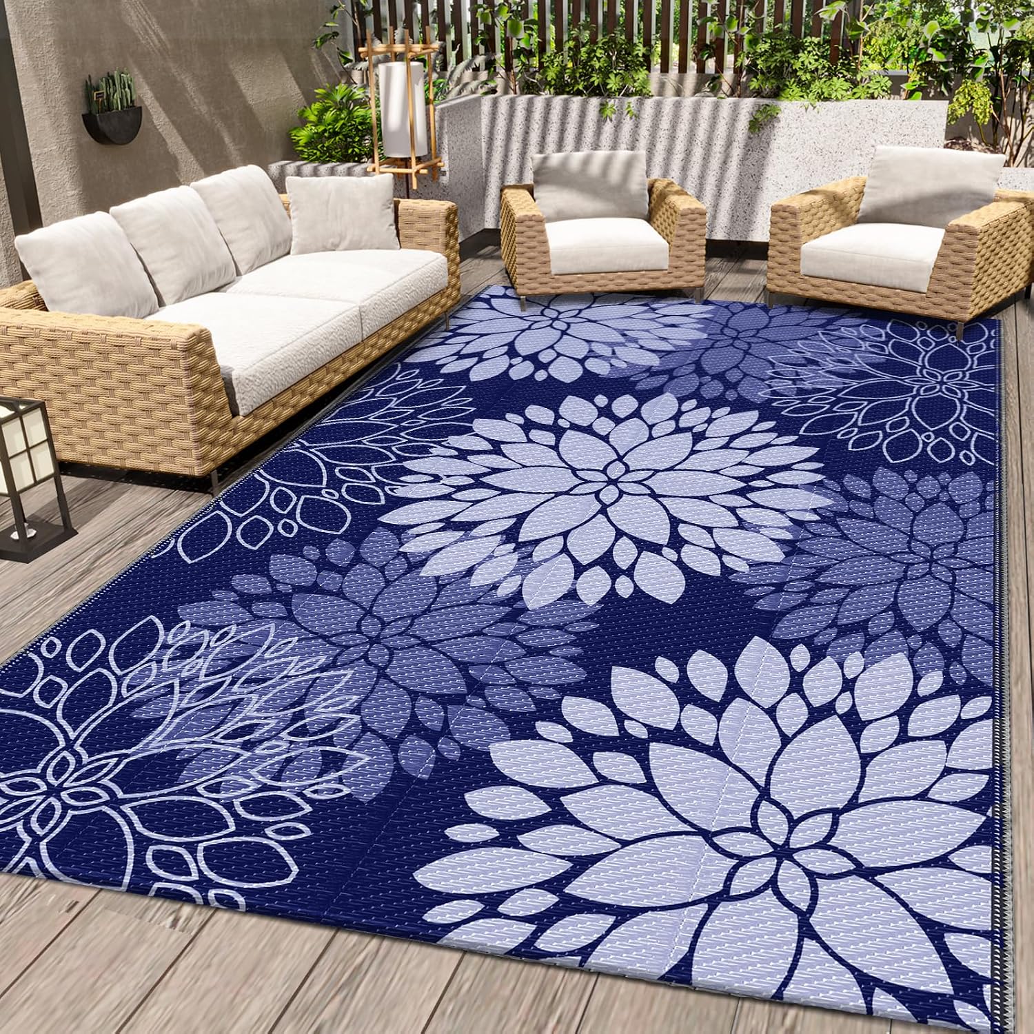 LuxStep Outdoor Rug Waterproof Outdoor Plastic Straw Rug Reversible Patio Rug Mat Outdoor Decor Large Area Mats for RV, Picnic, Backyard, Deck, Balcony, Porch, Beach, Camping, 4x 6,Blue
