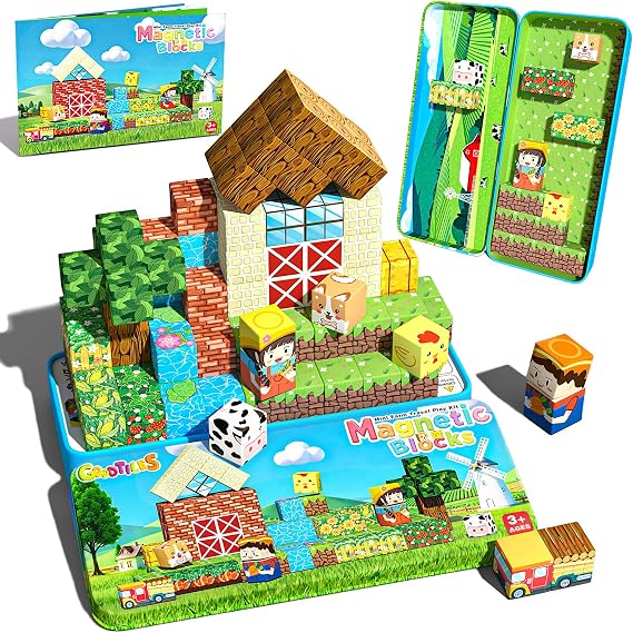 Goodtiles Mini Magnetic Blocks Cubes, Farm Animal Travel Outdoors Toys