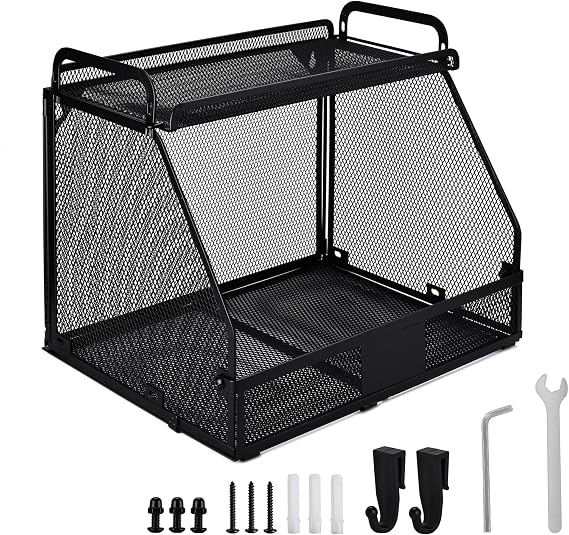TECHSHARE Hanging Vegetable Rack Wall Mount, Wall Mounted Wire Storage Bin for Kitchen Bathroom or Pantry, Black Metal Fruit Basket