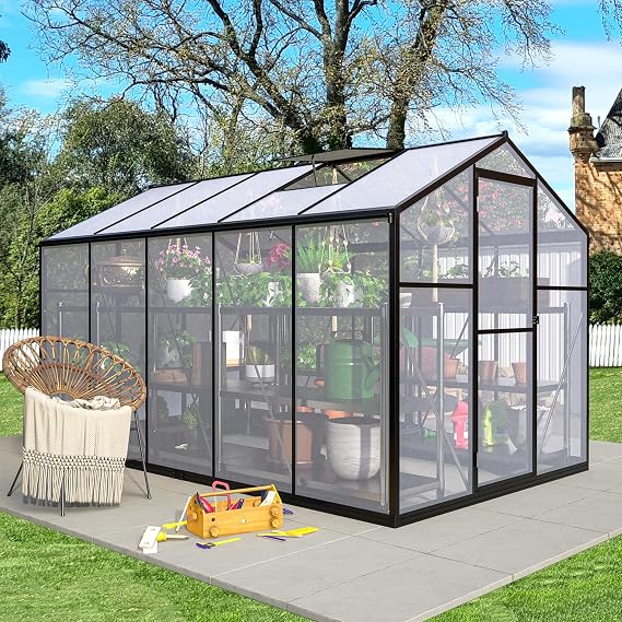 Thanaddo Polycarbonate Greenhouse 6x10 ft Upgraded Heavy Duty Aluminum Walk-in Green House for Outdoor Garden with Base,Adjustment Roof Vent,Hinged Door,Rain Gutter,2 Gloves,Free Assembly Tools