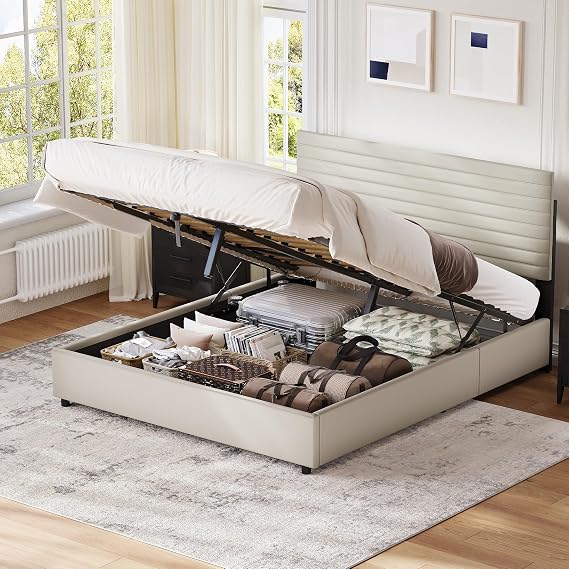 Upholstered Double Bed Frame with Storage, Ottoman Bed with Hydraulic, 4FT6 PU, Double Bed Frame for Adults and Teenagers, 135x190cm,(No Mattress)