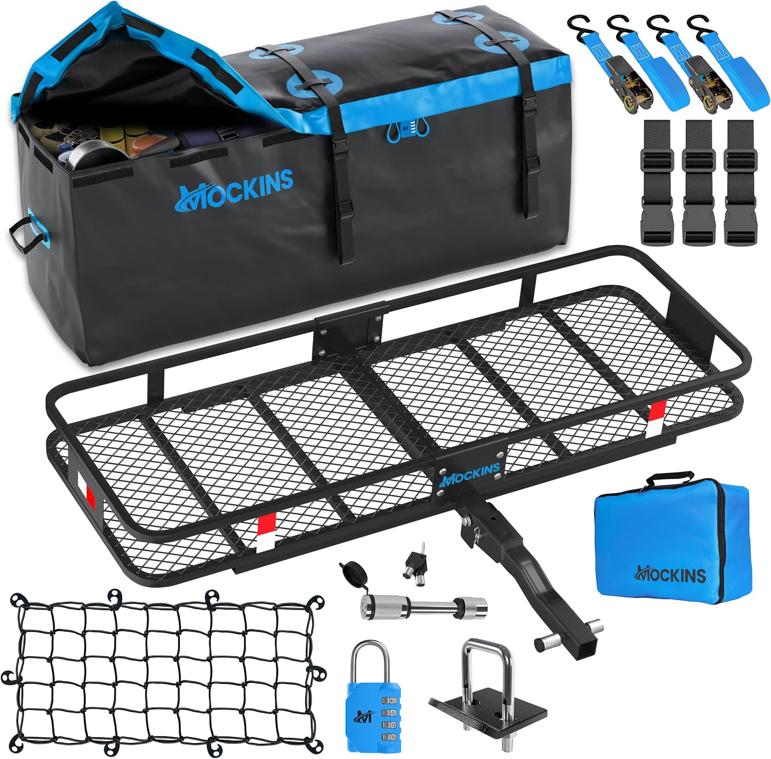 Mockins 60x20x6 Trailer Hitch Cargo Carrier & 16 CuFt Hitch Cargo Carrier Bag | 500 Lbs. Capacity Steel Folding Luggage Rack for SUV, Car & Truck wWaterproof Truck Bed Storage Bag & Accessories