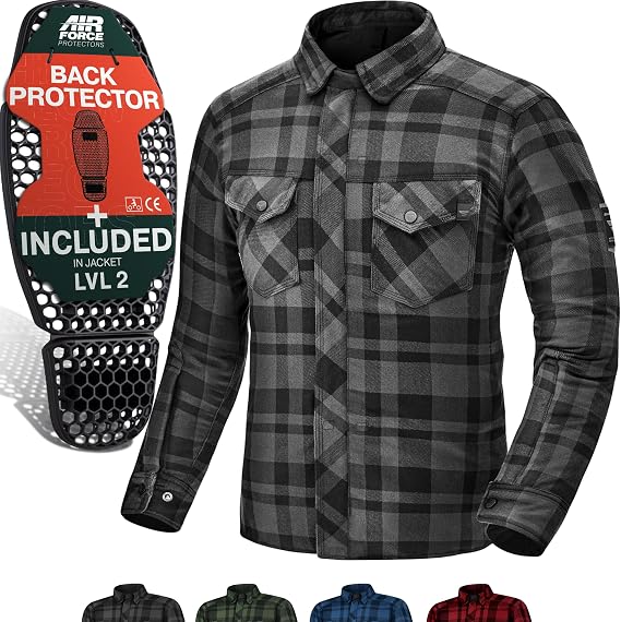 SHIMA RENEGADE MEN 2 Motorcycle Shirt for Men - Armored Plaid Biker Flannel Jacket with FiberQL - Aramid and Cooling layer, CE Back, Shoulder, Elbow Protectors, Zipper and Snap Closure (Black, S)