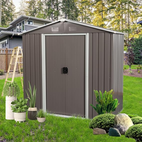 BNSPLY 8 x 4 FT Outdoor Storage Shed, Metal Garden Shed with Floor Frame, Tool Shed Outdoor Storage with Lockable Sliding Doors & Air Vents, Storage House Waterproof for Backyard, Lawn, Gray