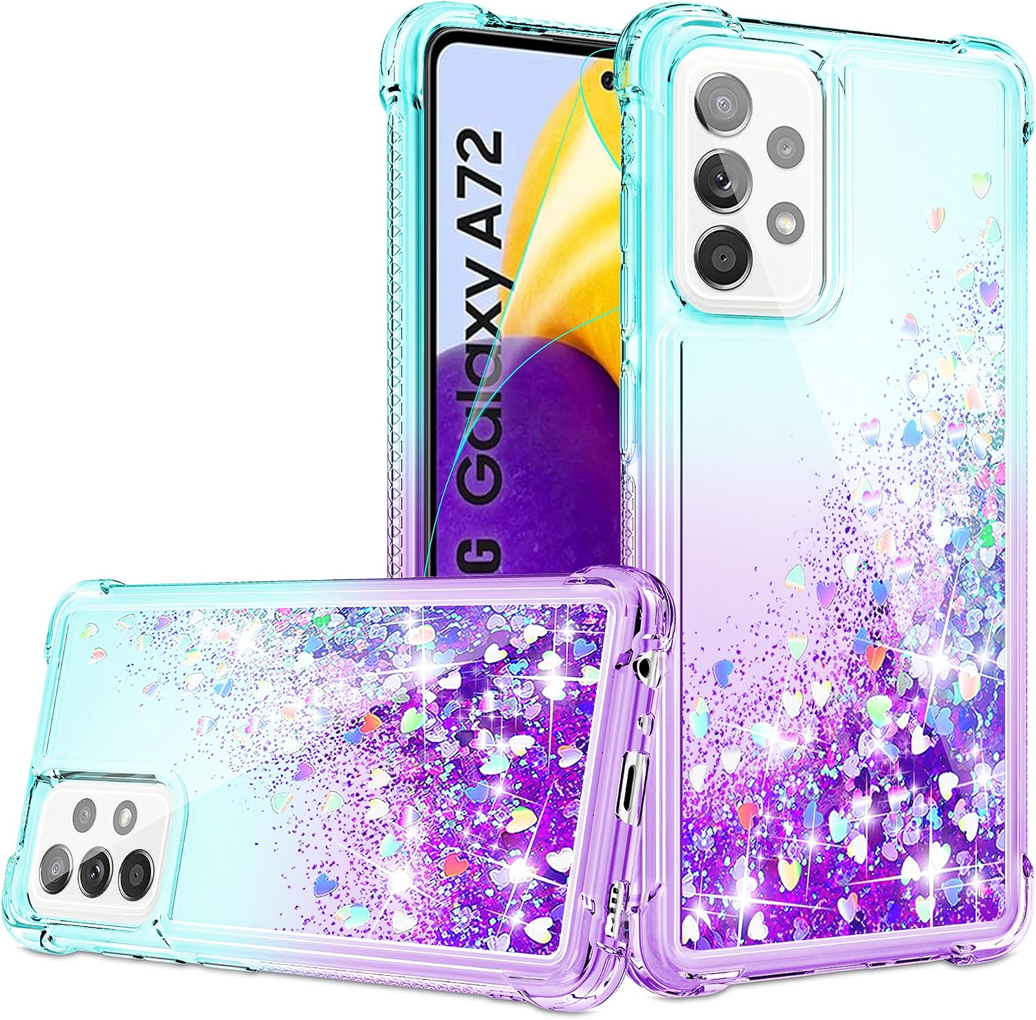 Gritup Compatible for Samsung Galaxy A72 [4G&5G] Case with HD Screen Protector for Girls Women, Cute Gradient Liquid Glitter Bling Protective Soft TPU Phone Case for Samsung A72 TealPurple