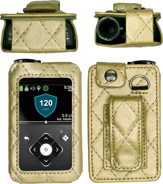 Plaid Fitted Leather Case W/Screen Protector & Lanyard for Medtronic Minimed Insulin Pump (Minimed 630G / 640G / 650G / 670G / 770G / 780G) (Gold)
