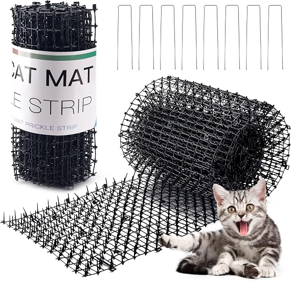 Hmyomina 16.4FT Scat Mat for Cats with 8 Garden Staples, Cat Scat Mat with Spikes Outdoor Plant & Furniture Protector(2PCS, 8.2FT Each)