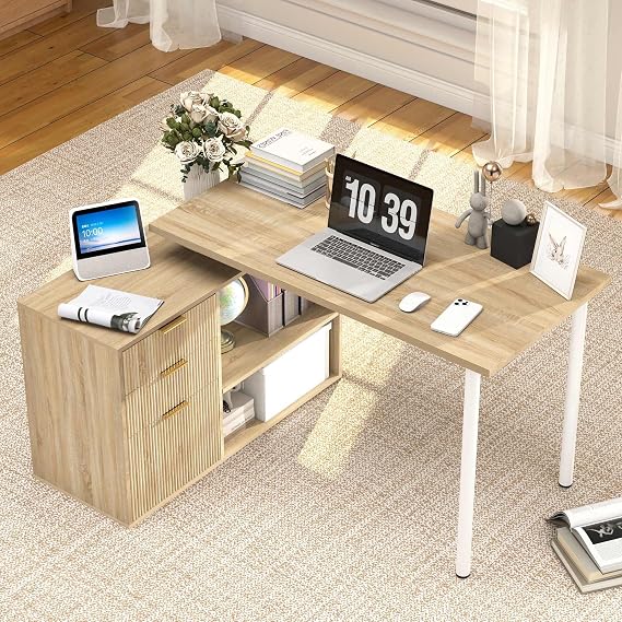 L Shaped Desk with Drawers: 53" Oak Corner Desk with Storage