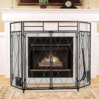 5 in 1 Double Door Fireplace Screen 49.6x 30.7 Large 3Panel Foldable Wrought Iron Free Standing Fireplace Screen Rustic Modern Mesh Furnace Fireguards Outdoor Protector Fireplace Cover