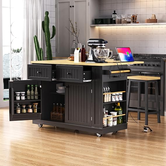 KISLOT 48" Rolling Large Kitchen Island Set with Power Outlet,Mobile Carts with Storage Cabinet,Extra Drop Leaf,2 Drawers and 5 Open Side Racks,Wood Table for Dining Room (Only Island)