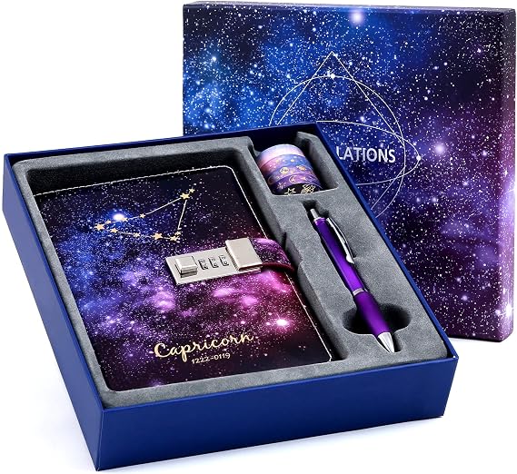 CAGIE Starry Constellation Lock Diary Set Gift Box with Pen & Tapes Secret Diary with Lock for Kids Girls Women Purple Journal Kit with Lock for Anniversary Birthday Holiday(Capricorn)