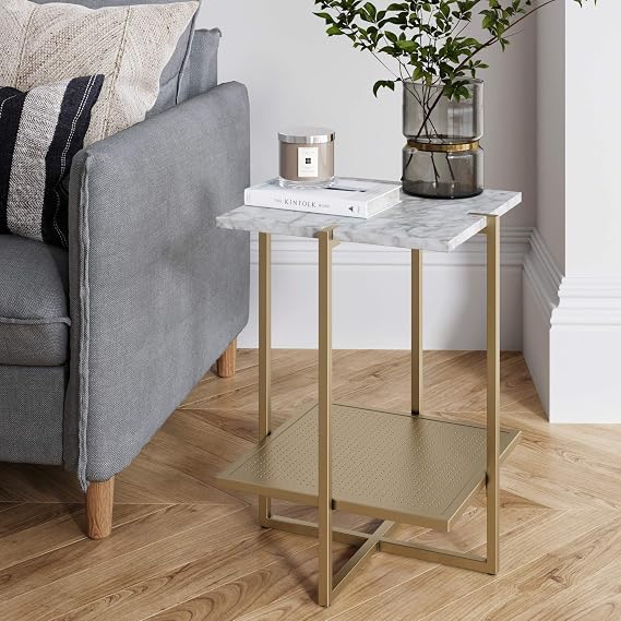 Nathan James Myles Modern Nightstand Marble Side Table Metal Frame, White/Gold