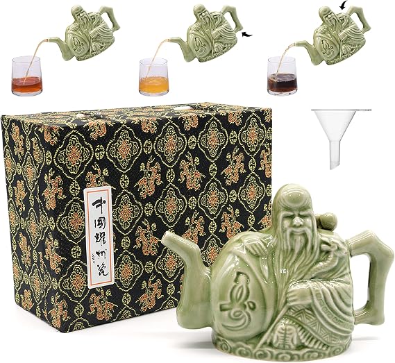 LURRIER Assassins Teapot, Handmade Chinese Ceramic Tea Kettle, One Pot Three Drinks,Two Chambers Kettle, Drink Dispenser, Magic Trick Kettle with Gift Box,16 oz(Green)