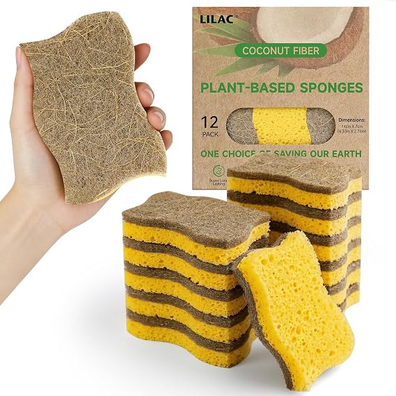 LILAC 12 Pack Natural Cellulose Sponges for Dishes - Non-Scratch Kitchen Scrub Sponges - 100% Biodegradable & Eco-Friendly Cleaning Sponges for Non-Stick Cookware, Bathroom & Household(Yellow)