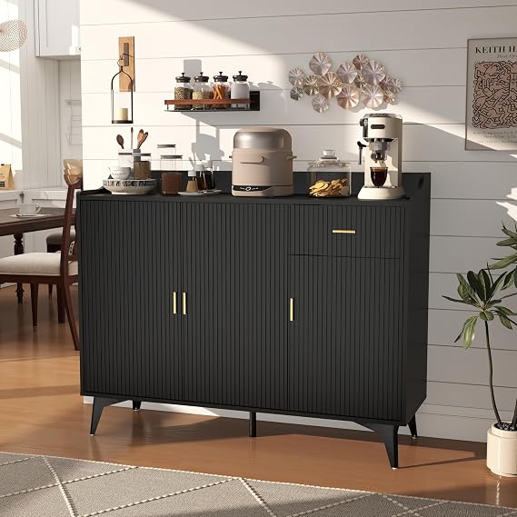 Black Sideboard Buffet Cabinet with Storage, 47" Fluted Sideboard