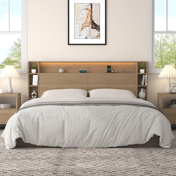Queen Wall Mount Solid Wood Leg Headboard with Storage