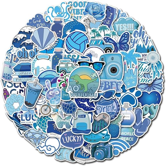 100 PCS Girl's Blue Aesthetic Stickers Pack for Teens Girls Boys, Cute Blue Decals, Waterproof Vinyl Decals, Vsco Stickers for Laptop Water Bottles Car Bicycle Skateboard Motorcycle Luggage