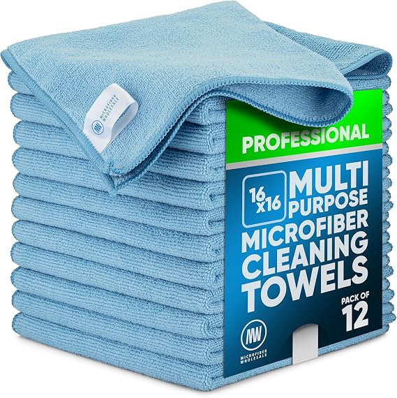 MW Pro Microfiber Cleaning Cloth | Blue | 12 Pack | 16 x 16 | All Purpose Microfiber Towels - Clean, Dust, Polish, Scrub, Absorbent