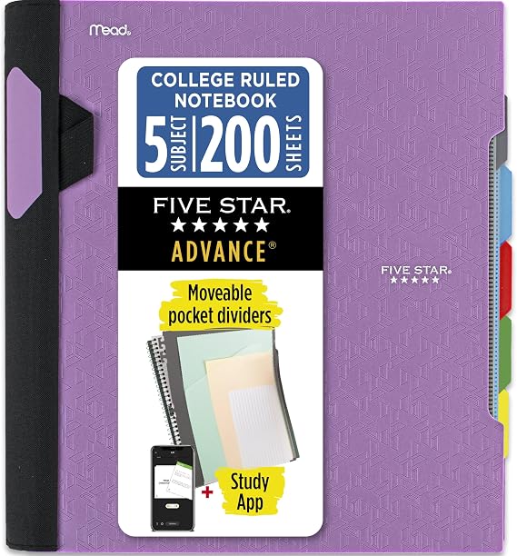 Five Star Advance Spiral Notebook + Study App, 5 Subject, College Ruled Paper, 8-1/2" x 11", 200 Sheets, Spiral Guard, Movable Tabbed Dividers, Amethyst Purple (820013G)