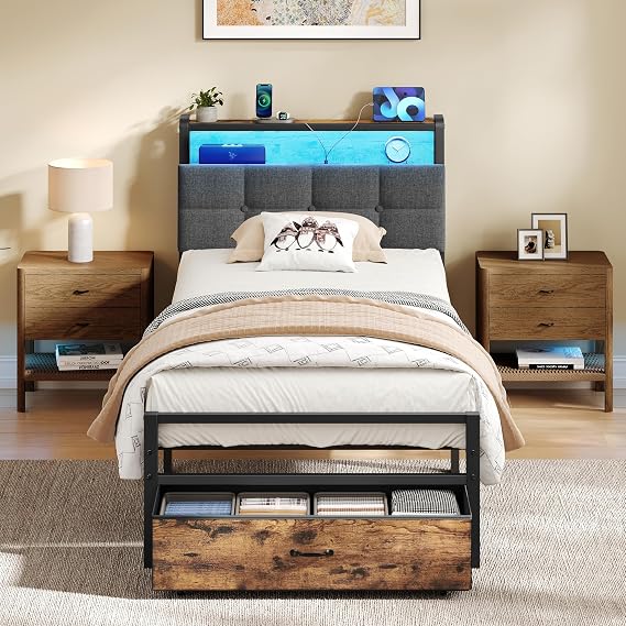 VASAGLE Single Bed Frame 90.5 x 208.9 cm with Storage Drawer, LED Lights
