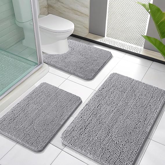 OLANLY Chenille Bathroom Rugs Sets 3 Piece, 30"x20"+24"x16"+24"x20", Grey