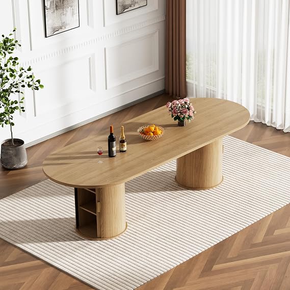 63"-94" Oval Extendable Dining Table for 6-10 Person, Natural Wood Pattern Expandable Kitchen Table Set with Storage Fluted Base, Space Saving Transformer Dining Room Table for Kitchen,Apartment
