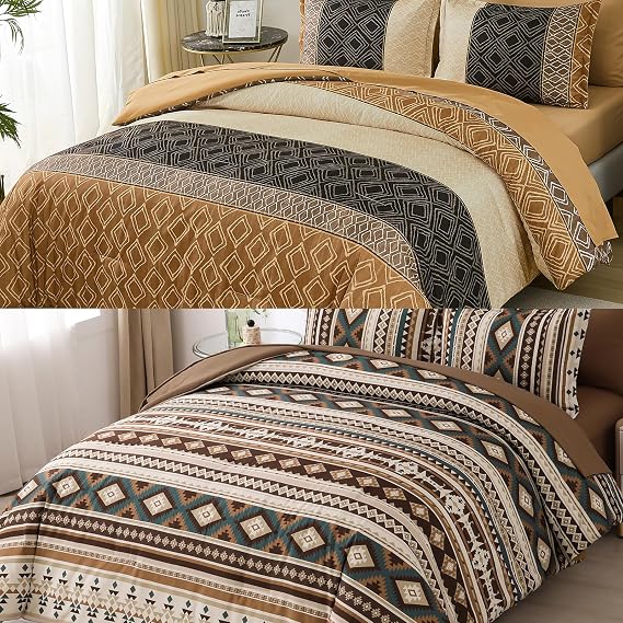 Queen Size Comforter Set Boho, Striped Comforters Bedding Set with Sheet for Fall Winter Family