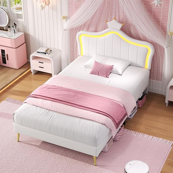 ModernLuxe 3FT Single Bed, Upholstered Bed Frame with LED Adjustable Crown Shape Headboard, Solid Wood Slat, Sturdy Youth Bed for Adults & Teenagers, PU Leather, Cream White, 90x190cm