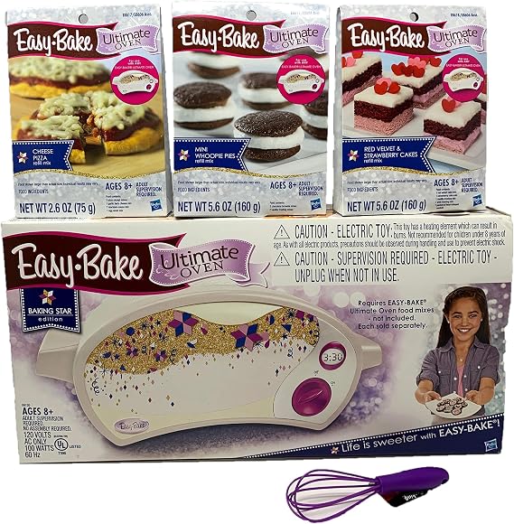 Easy Bake Oven Easy Bake Ultimate Oven Bundle Baking Star Edition + Larger Size 13.8 Oz. 3-Pack Refill Mixes (Pizza, Whoopie Pies and Red Velvet & Strawberry Cakes) + Mini Whisk
