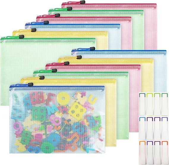 12Pcs Plastic Wallets with Labels, A4 Zip Lock Folders, Waterproof Mesh Document Bag for School Office Travel, Colorful Zipper Pouch Pocket for Bill Luggage Homework Jigsaw Storage