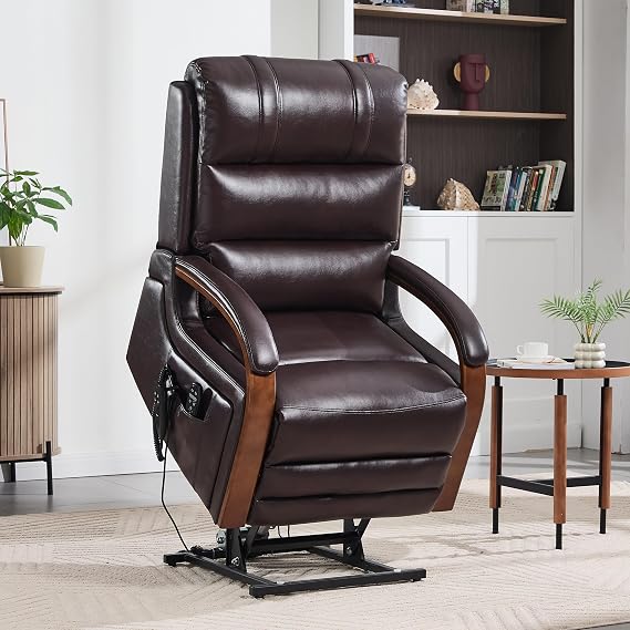 Luxlen Electric Power Lift Recliner Chair for Elderly People, Dual Motor Power Lift Chair with Vibration Massage and Heat, Lay Flat Recliner, Standing Assistance Reclining, Faux Leather Red Brown