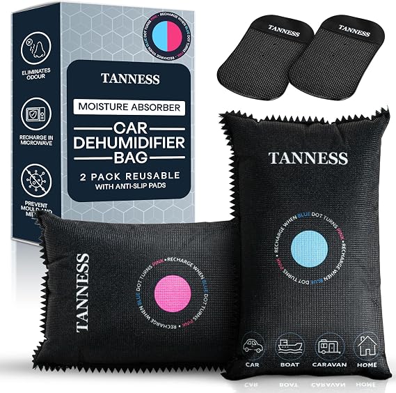 Tanness 2 Pack x 1kg Car Dehumidifier Bags with Anti-Slip Pads - Essential Car Accessories, Moisture Absorber, Reusable, Recharges in Microwave - Multipurpose for Home, All Spaces & Vehicles