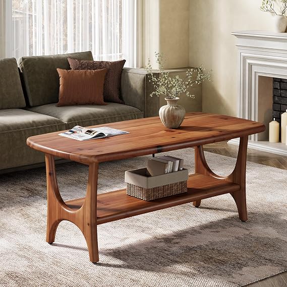 Solid Wood Coffee Table, 47.24 Mid-Century Modern Rectangle Living Room Table, 2-Tier Center Table for Living Room