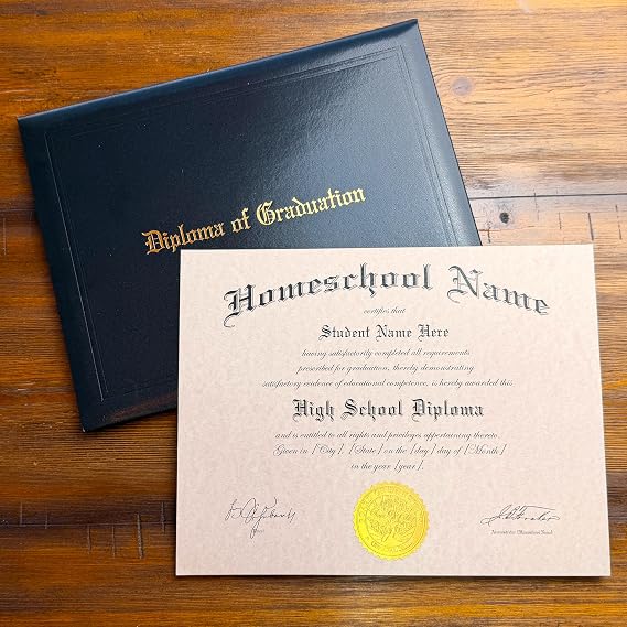 Home School Diploma - Custom Printed with Your Name & Info - Professional, University-Quality Print - Includes Real, Custom Embossed Gold Foil Seals & Padded Leatherette Diploma Cover