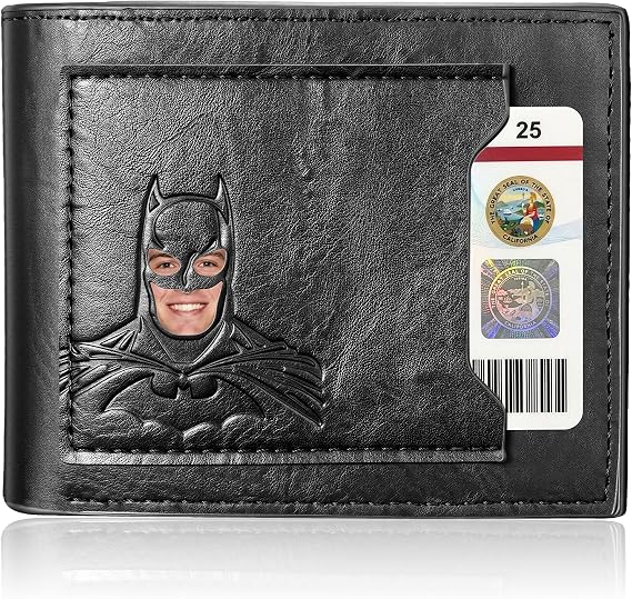 AMARONE Leather Bat Wallet for Men Valentines day gift for him Personalized Gift for Husband Unique Birthday Holiday Gifts Best for Anniversary | Hero ID with 3D Metalic Superhero Mask (Bifold)