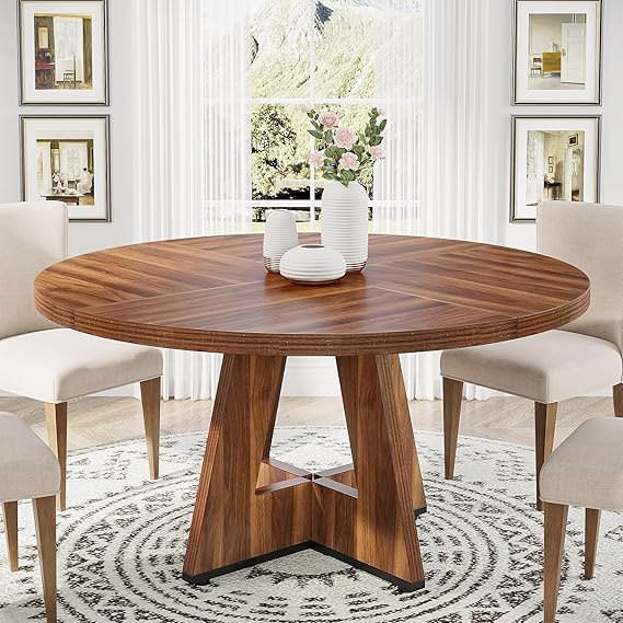 Tribesigns Round Dining Table - Farmhouse Dinner Table for 4 People, Rustic Brown Wooden Top and Legs, 120 cm Dining Room & Kitchen Table