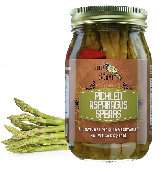 Green Jay Gourmet Pickled Asparagus Spears in a Jar - Fresh Hand Jarred Vegetables for Cooking & Pantry Home Grown Pre-Prepared Pickled Asparagus Spears Simple Natural Ingredients -16 Ounce Jar