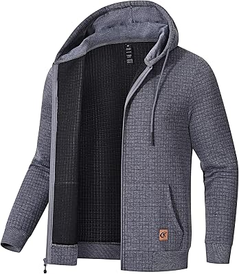 Satankud Mens Jacquard PlaidCloth Lightweight Zipper Hoodie Sweatshirt Jacket