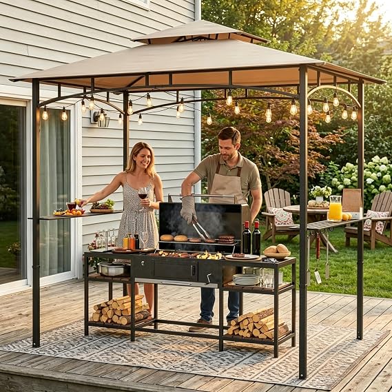 Murago 8x5 Grill Gazebo, BBQ Gazebo Canopy for Outdoor Grill, Khaki