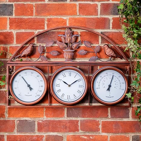 Garden Gear Wall Clock and Weather Station Copper Colour 3-in-1 Outdoor Clock Thermometer Hygrometer Floral Bird Design Weatherproof